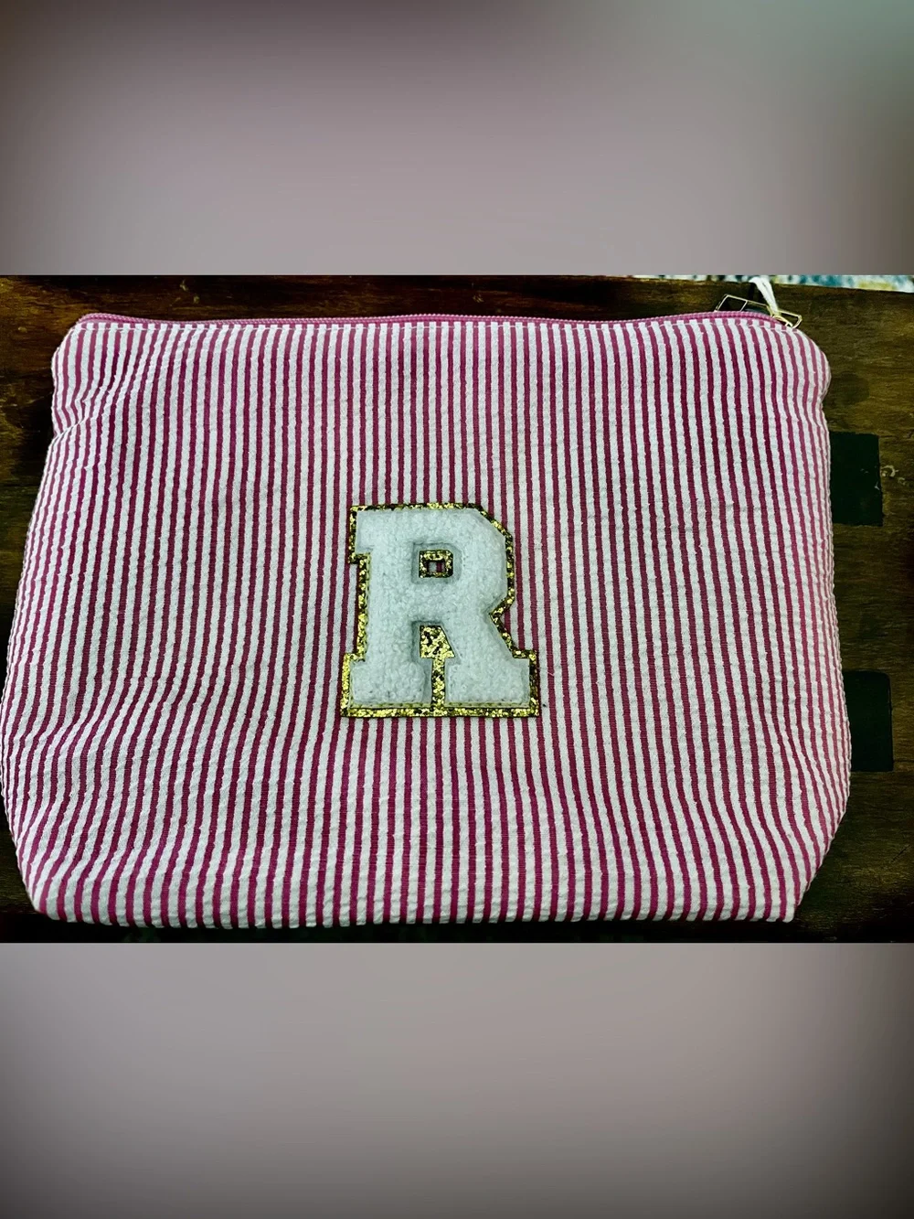 Pink Striped Cosmetic Bag Set with Gold-Trim 'R' Patch by Yoolife